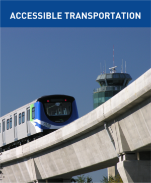 Accessible Transportation header overtop of the Canada Line sky train at YVR Airport
