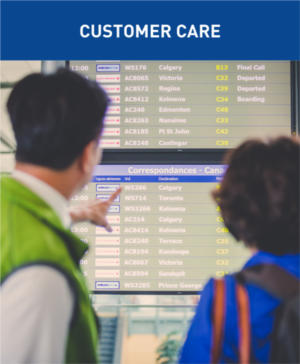 Customer care header with a photo of one of YVR's Green Coat volunteers pointing a passenger in the right direction