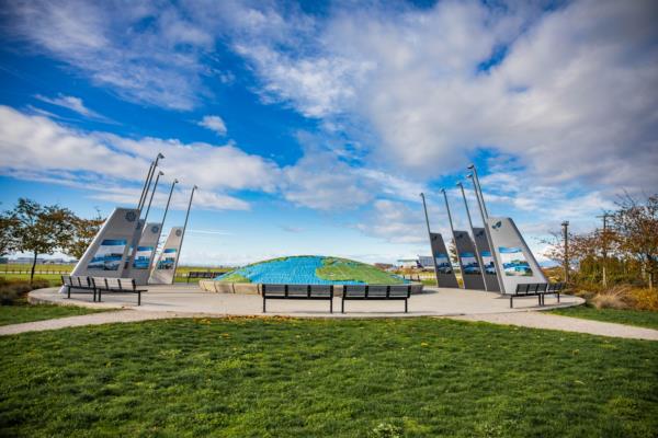 The giant globe play area at the Larry Berg Flight Path Park