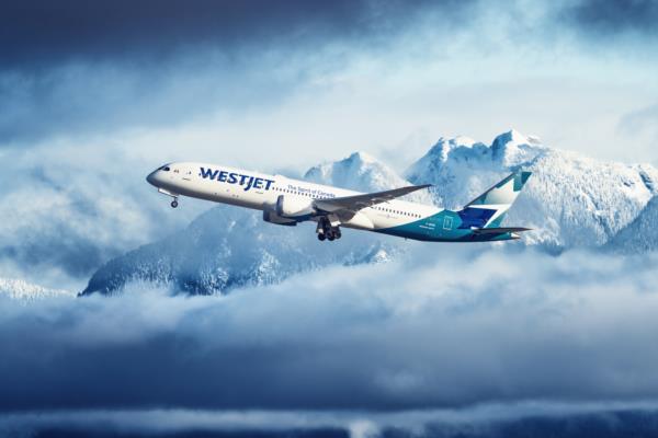 A WestJet Boeing 787 departing 26L with a snow-capped mountain backdrop as seen from Terra Nova Park