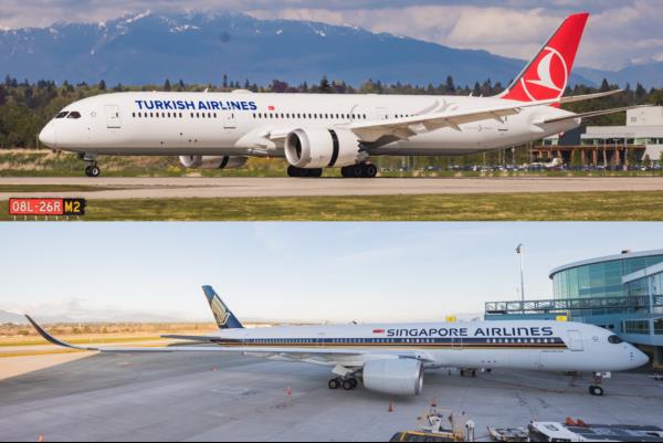Turkish Airlines et Singapore Airlines à YVR.