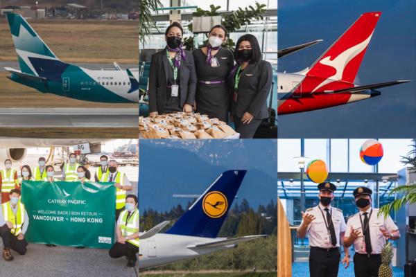 Un groupe de 6 images. De gauche à droite en partant de la première rangée : une queue d’avion WestJet, un équipage de Flair Airlines, une queue d’avion Qantas (crédit photo à Kent Matthiesen). De gauche à droite dans la deuxième rangée : côté piste de l'équipe Cathay Pacific avec une bannière célébrant le retour du service entre Vancouver et Hong Kong, une queue d’avion de Lufthansa et des pilotes d'Air Canada posant avec des ballons de plage en l'air.