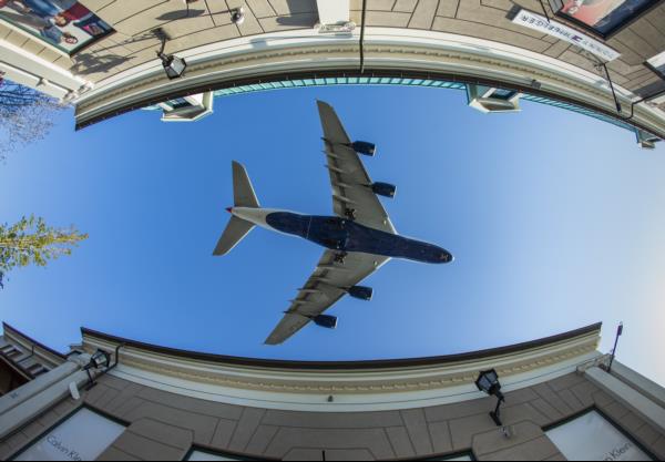 A British Airways A380 flying above the McArthurGlen Outlet Vancouver Airport