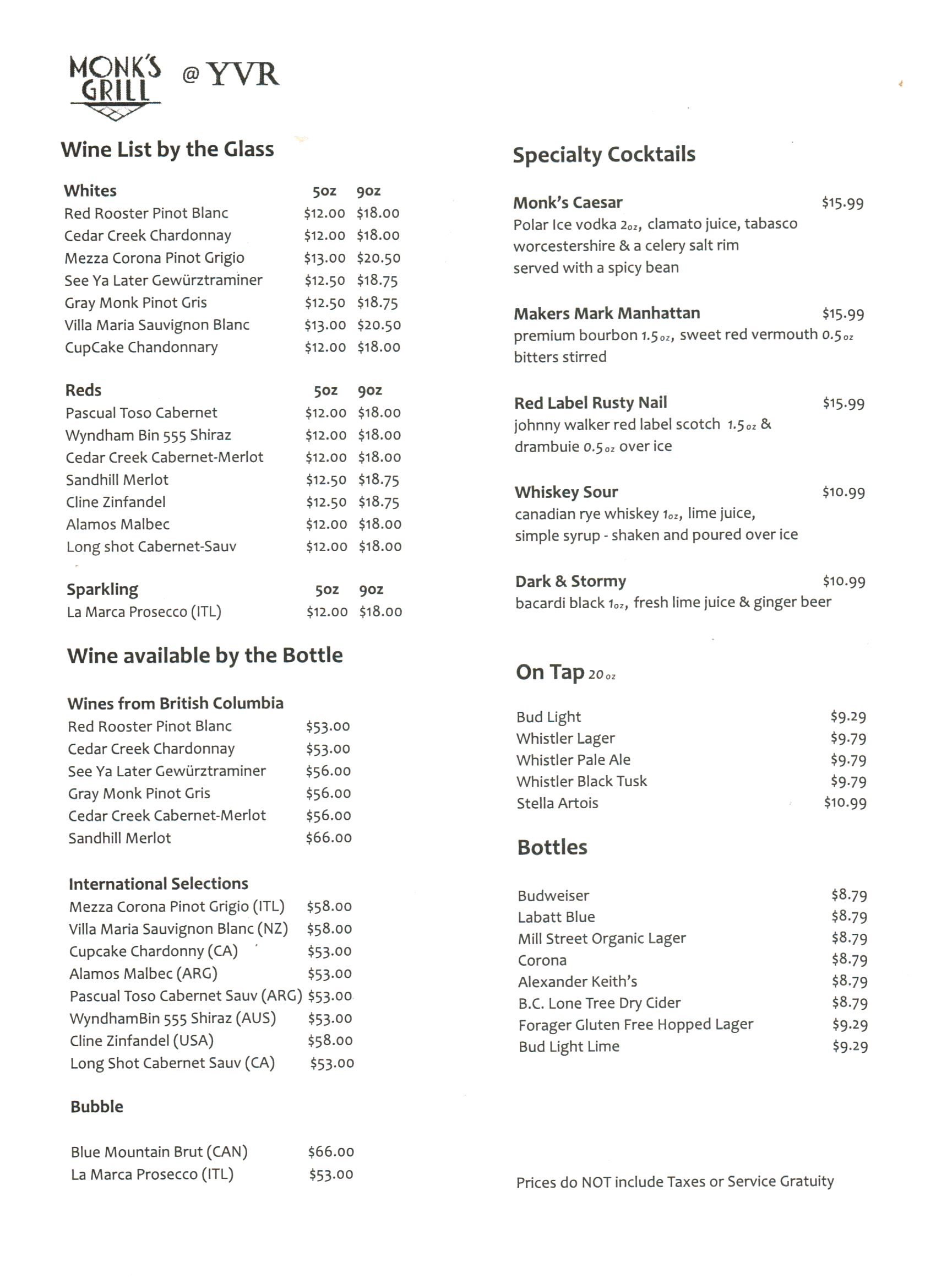 Monk's Drinks Menu