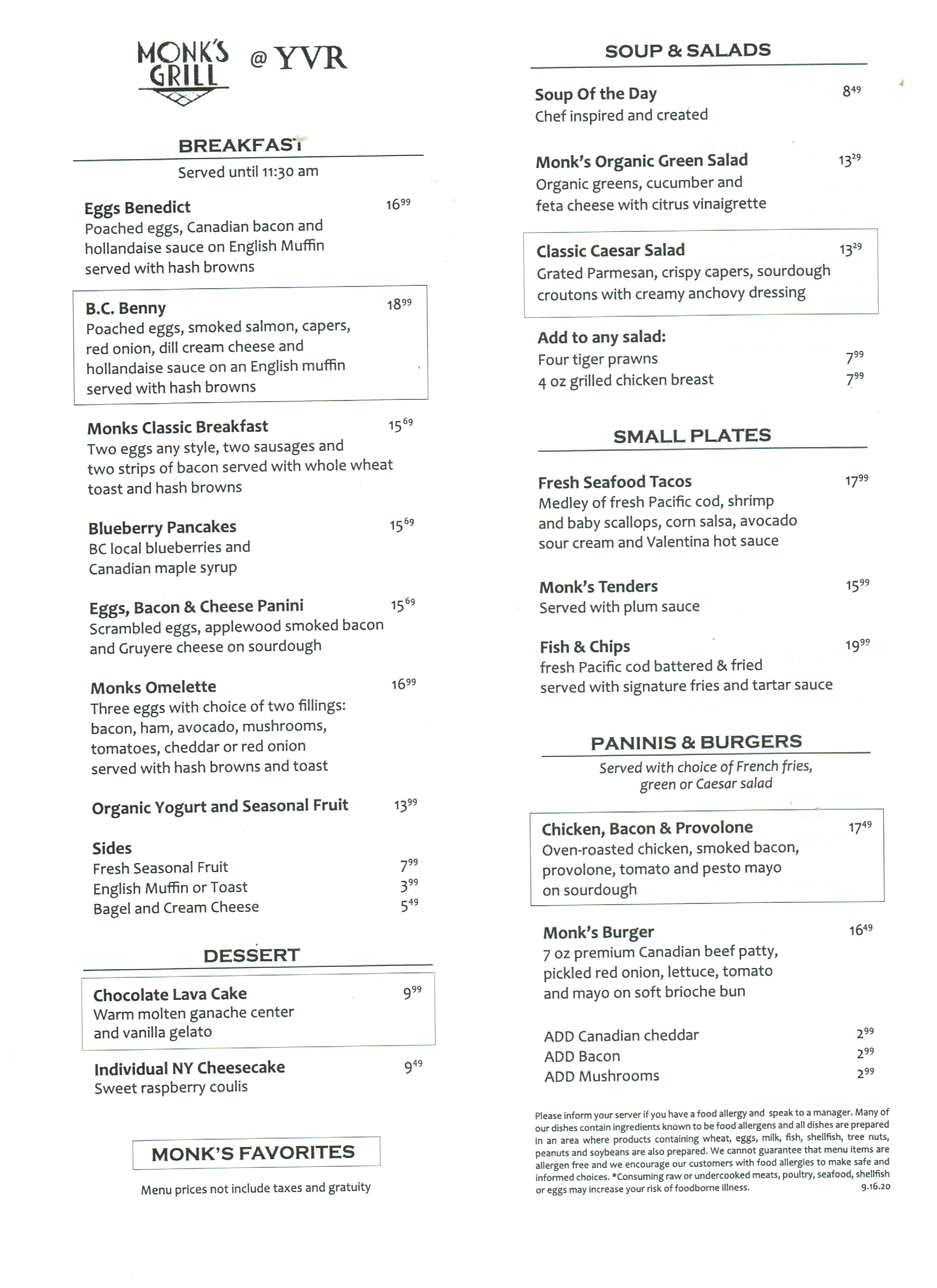 Monk's Food Menu