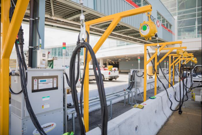 Line of eGSE charging stations for ground handler vehicles