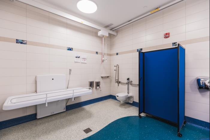 Accessibility washroom, inclusive of an overhead hoist system and adult-sized changing bench  
