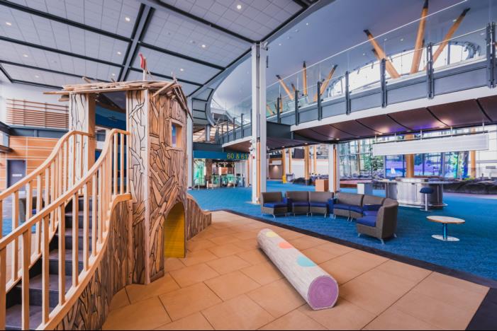 Children’s playground with the atrium in the background  