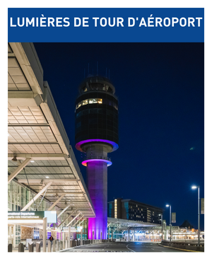  Airport Tower Lights. The airport control tour shines purple, pink and blue at night time. Lumières de la tour de l’aéroport. La visite de contrôle de l'aéroport brille en violet, rose et bleu la nuit.